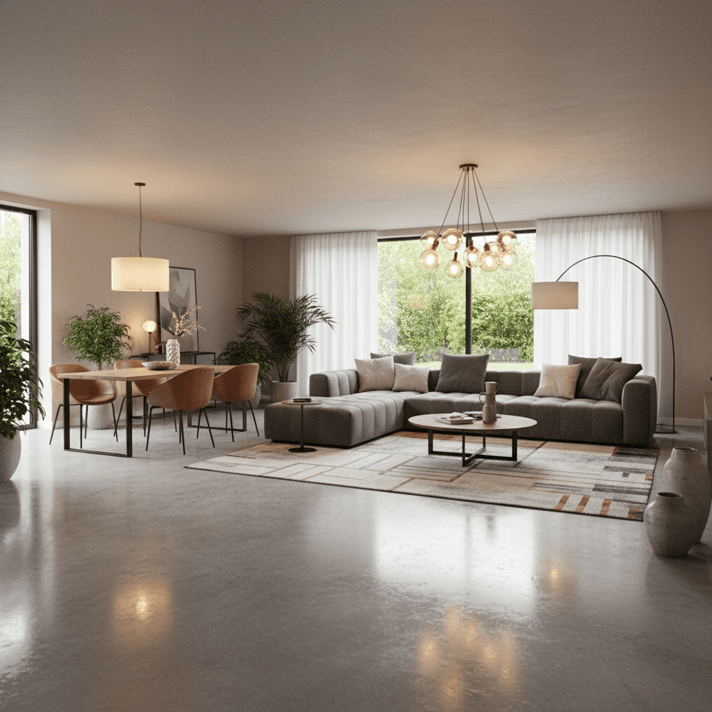 Polished concrete living space floor with interior design