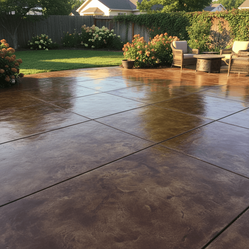 Stained concrete patio with rich brown coloring