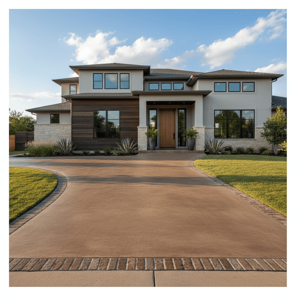 Stained concrete driveway entrance at residential property